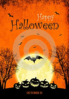 Happy Halloween banner grunge background with Jack-o-lantern pumpkins and full moon