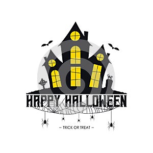 Happy Halloween banner with haunted house, spider web and spiders, gravestone and tombstone on grave, Halloween cat. Vector
