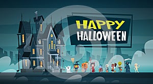 Happy Halloween Banner Holiday Decoration Horror Party Greeting Card Cute Cartoon Monsters Walking To Dark Castle With