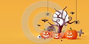 Happy Halloween banner, Jack O Lantern pumpkins with bat and spider around dead tree