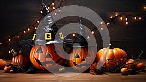 Happy Halloween banner with Jack-o-lanterns. Two decorated multicolored pumpkin in a black witch\'s hat