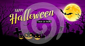 Happy Halloween banner on moon night purple background