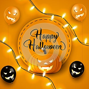 Happy Halloween banner or party invitation background with black and orange air balloons, garland lights and pumpkin on Orange bac