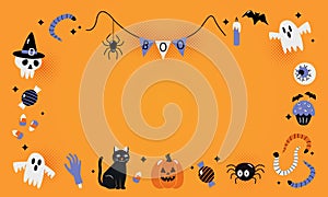 Happy Halloween banner or party invitation background with jack lamp, skull, black cat, worms, spider, ghost, eye, candy