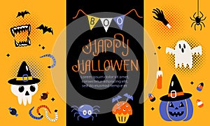 Happy Halloween banner or party invitation background with jack lamp, skull, black cat, worms, spider, ghost, eye, candy