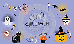 Happy Halloween banner or party invitation background with jack lamp, skull, black cat, worms, spider, ghost, eye, candy