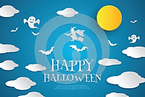 Happy Halloween banner or party invitation background with night clouds and ghosts in paper cut style.