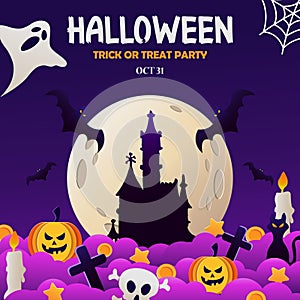 Happy Halloween banner or party invitation background with night clouds and pumpkins in paper cut style. Vector illustration. Full