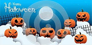 Happy Halloween banner or party invitation background with night clouds and pumpkins style. Vector illustration. Full moon in the