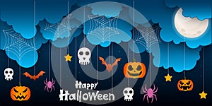 Happy Halloween banner or party invitation background with night clouds and pumpkins style. Vector illustration. Full moon in the