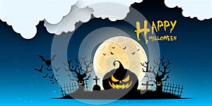 Happy Halloween banner or party invitation background with night clouds and pumpkins style. Vector illustration. Full moon in the