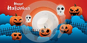 Happy Halloween banner or party invitation background with night clouds and pumpkins style. Vector illustration. Full moon in the