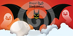 Happy Halloween banner or party invitation background with night clouds and pumpkins style. Vector illustration. Full moon in the