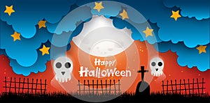 Happy Halloween banner or party invitation background with night clouds and pumpkins style. Vector illustration. Full moon in the