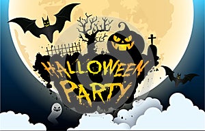 Happy Halloween banner or party invitation background with night clouds and pumpkins style. Vector illustration. Full moon in the