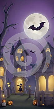 Happy Halloween banner or party invitation background with violet fog clouds and pumpkins
