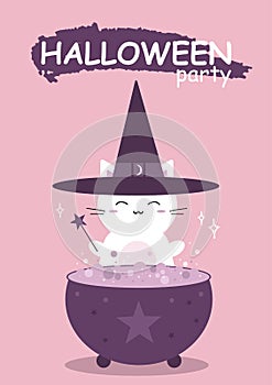 Happy Halloween banner or party invitation card. Cute white cat prepares potion and conjures