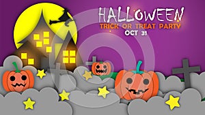 Happy Halloween banner or party invitation vector background with night clouds and pumpkins in paper cut style.Full moon in the