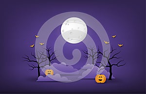 Happy Halloween banner or poster background with big moon, night clouds, bare tree, pumpkins and bat in paper cut style