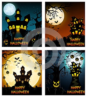 Happy Halloween banner set with scary tree and castle