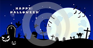 Happy Halloween banner with spooky pumpkins on cemetery. scary night background with zombie and moon