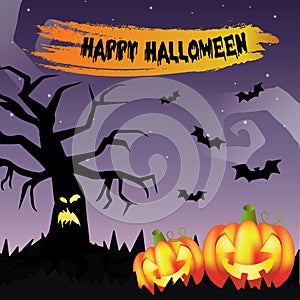 Happy Halloween banner template with Halloween pumpkin, tree and bet.  illustration.