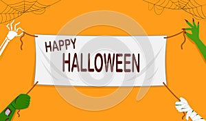 Happy Halloween banner vector illustration, four monster hands holding white textile banner sign