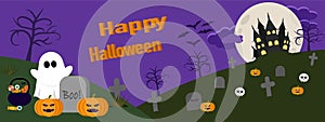 Happy Halloween banner vector illustration, grave and cute little ghost with Halloween pumpkin and candy pot at graveyard, spooky