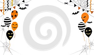 Happy Halloween banner vector illustration, spooky ghost balloons, black bats, spiderweb, beautiful decorative flag and ribbon