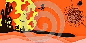 Happy Halloween Banner. Witch Silhouette witch flying on broomstick. Mystical night with bat, web, spiders, graveyard