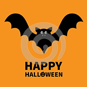 Happy Halloween. Bat flying black silhouette icon. Cute cartoon baby character with big open wing, eyes, ears. Forest animal. Flat