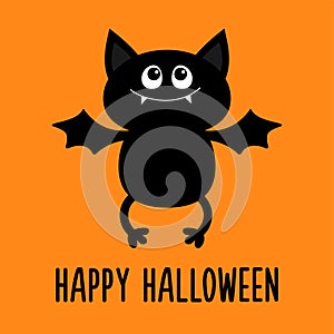 Happy Halloween. Bat flying. Cute cartoon kawaii funny baby animal charater. Black silhouette. Greeting card. Flat design. Orange