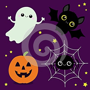 Happy Halloween. Bat, ghost spirit, spider web, pumpkin with face. Cute cartoon kawaii funny baby character set. Yellow stars.