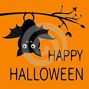 Happy Halloween. Bat hanging on tree branch. Cute cartoon baby character with open wing, ears, legs. Black silhouette. Forest