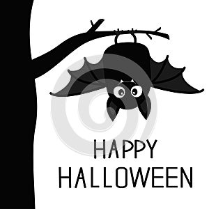 Happy Halloween. Bat hanging on tree. Cute cartoon baby character with big open wing, ears, legs. Black silhouette. Forest animal.