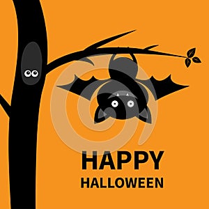 Happy Halloween. Bat hanging on tree. Cute cartoon baby character with open wing, ears, legs. Hollow eyes. Black silhouette.