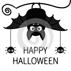 Happy Halloween. Bat Spiders insect hanging. Cute cartoon baby character with big open wing, ears, legs. Black silhouette. Forest