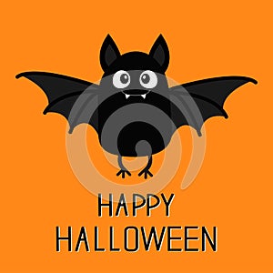 Happy Halloween. Bat vampire. Cute cartoon baby character with big open wing, ears, legs. Black silhouette. Forest animal. Flat de