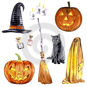 Happy Halloween big collection with kitty character, party garlands, various holiday symbols. Hand drawn watercolour painting on