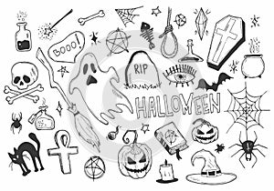 Happy halloween. Big set of horror hand drawn doodle. Collection halloween and magic elements. Pumpkins, ghost, skull, cemetery,