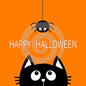Happy Halloween. Black cat face head silhouette looking up to hanging on dash line web