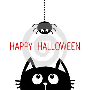 Happy Halloween. Black cat face head silhouette looking up to hanging on dash line web spider insect. Cute cartoon character. Baby