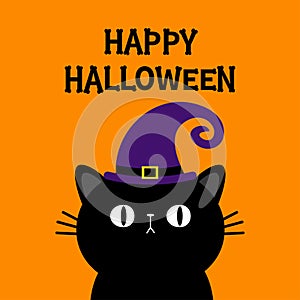 Happy Halloween. Black cat kitten head face. Witch hat. Bones text font. Bone letter type. Cute cartoon kawaii character. Pet baby