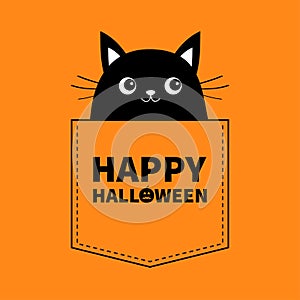 Happy Halloween. Black cat in the pocket. Cute cartoon animals. Kitten kitty character. Dash line. Pet animal collection. Orange a