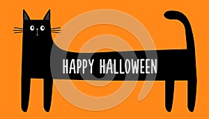 Happy Halloween. Black cat standing. Long body with tail. Funny sad face head silhouette. Square kitten. Meow. Cute cartoon kawaii