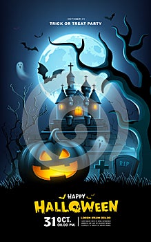 Happy Halloween Black pumpkins smiling, castle, bat flying, ghost and tree scary poster design on dark blue background