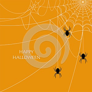 Happy Halloween. black silhouette spider. and spider web on orange background