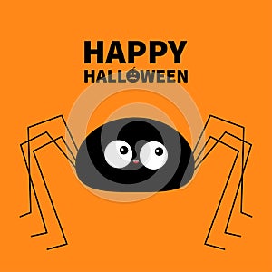Happy Halloween. Black spider silhouette. Long paws. Funny insect. Big eyes. Cute cartoon kawaii baby character. Flat material