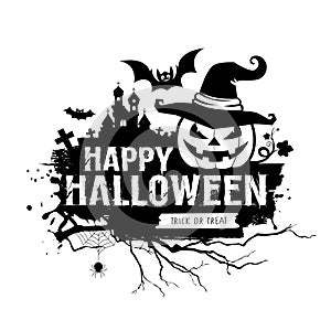 Happy Halloween black and white message, pumpkin hat