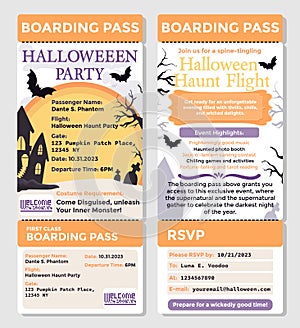 Happy Halloween Boarding Pass cartoon party invitation template in airline ticket style. Vector Illustration